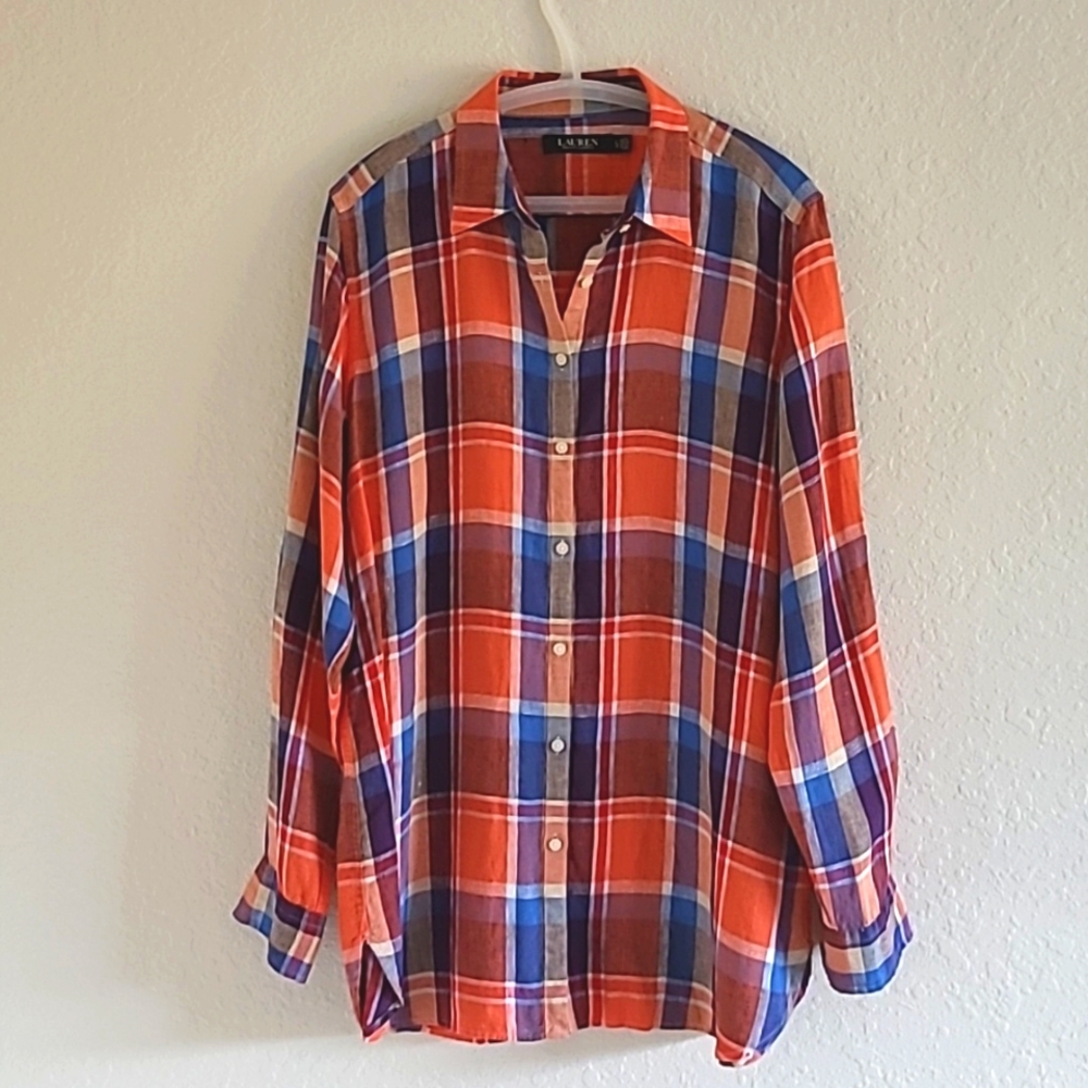 Lauren Ralph Lauren Plaid Linen Shirt. Size Large. Orange/Blue. Western Cowgirl. - Picture 4 of 16